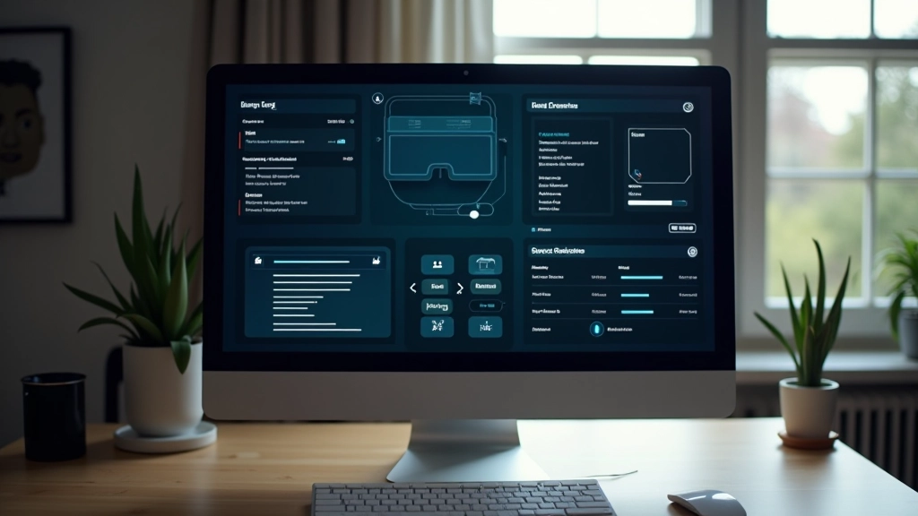 Computer monitor displaying game interface with menus, buttons, and HUD elements in modern design