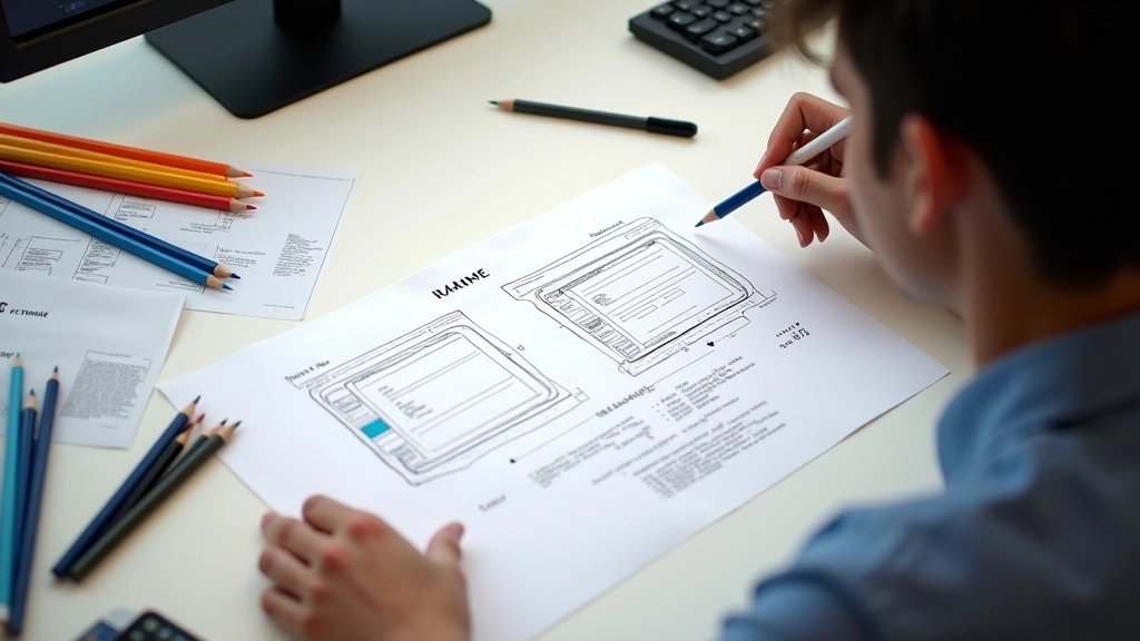 Designer sketching wireframe layouts on paper with color pencils and reference materials