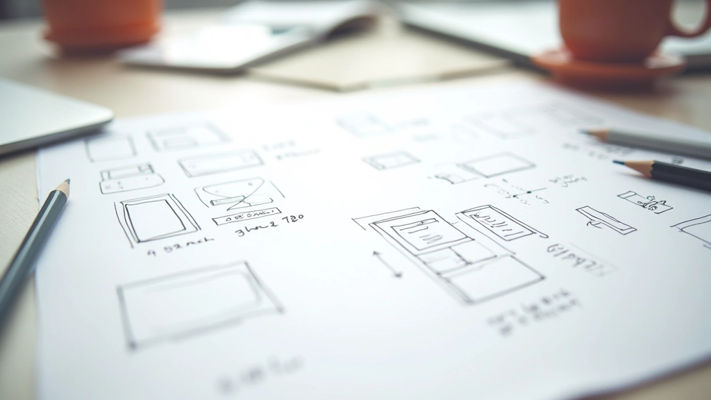 Wireframing sketches showing button placement and menu hierarchy on paper