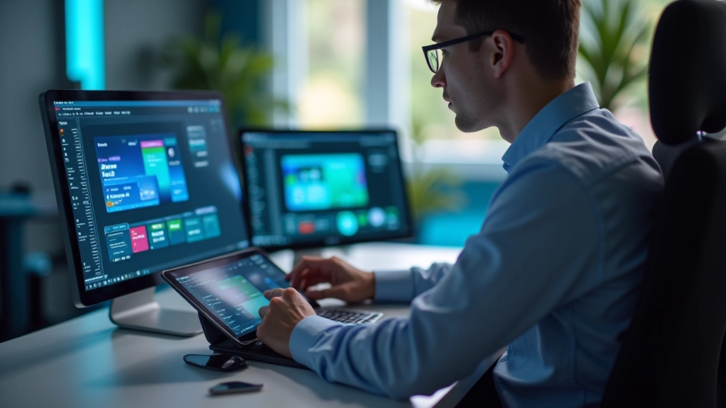 Game interface designer working on UI layout with wireframing tools and color palette