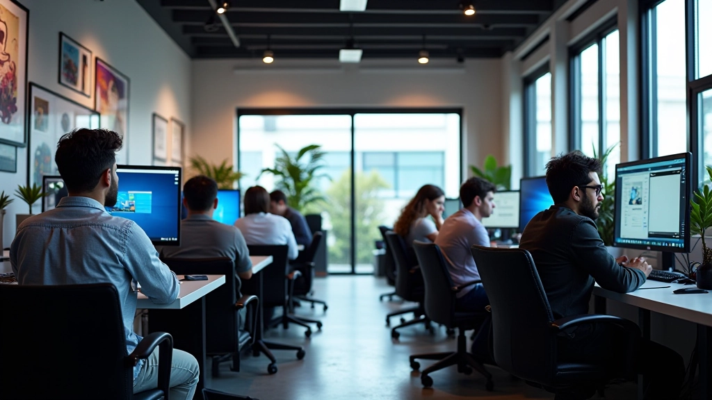 Game design studio workspace with multiple monitors showing UI design work