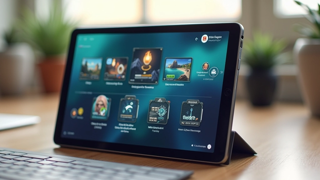 Tablet showing game design mockup with different screen states and interface variations laid out